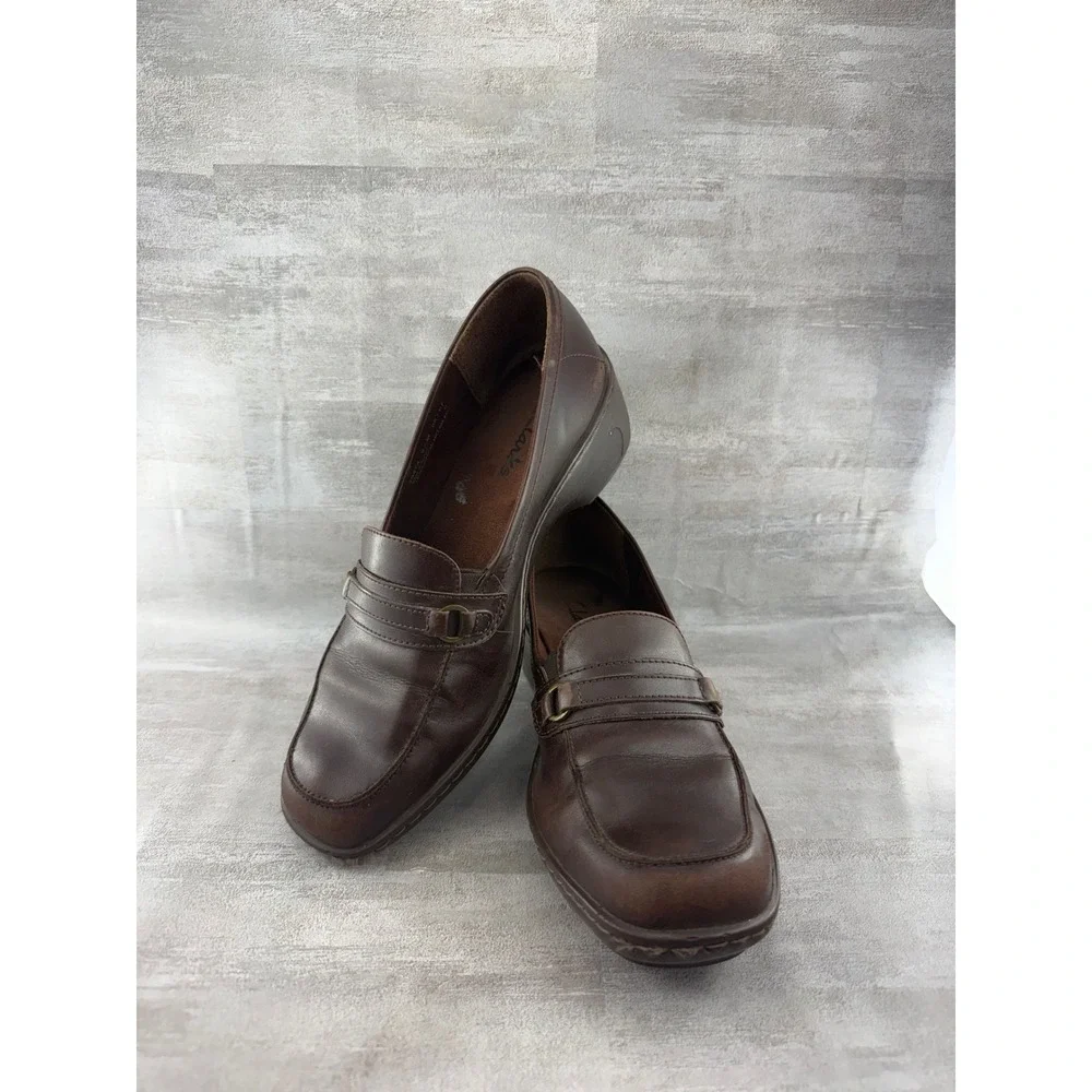 Clarks Women Brown Leather Block Heel Loafers Square Moc Toe 79474 Size 9.5M